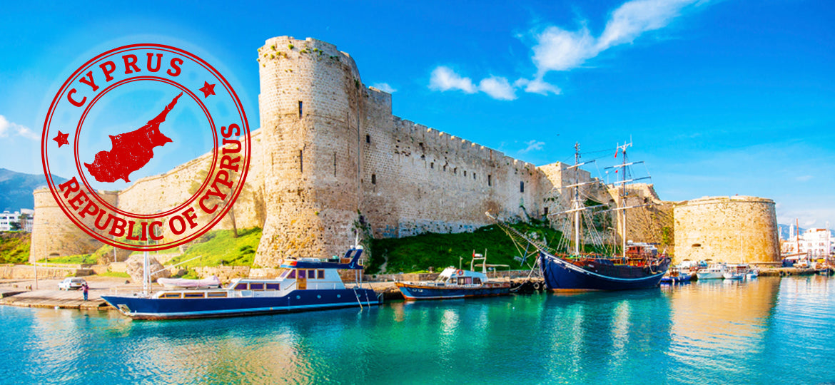 Castle by the sea with 'Republic of Cyprus' logo