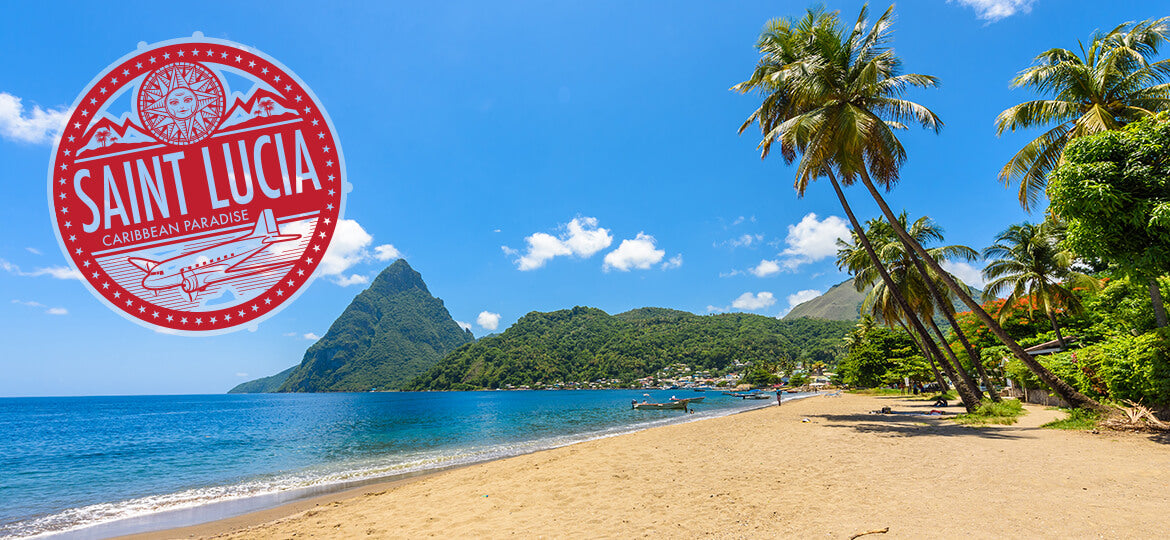 Beach scene with palm trees and a mountain, featuring a Saint Lucia logo.