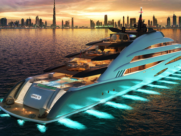 Luxury yacht with futuristic design in front of a city skyline at sunset.
