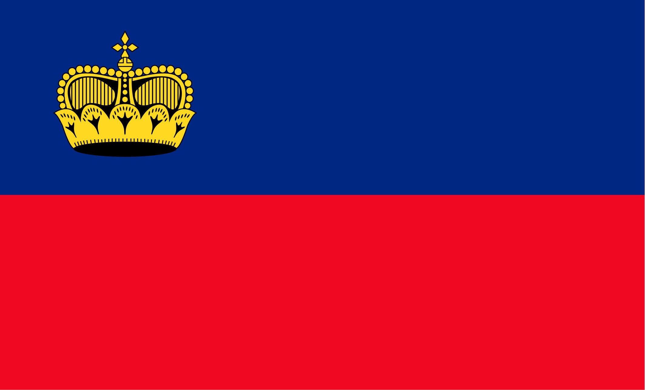 Flag of Liechtenstein with a blue and red horizontal design featuring a yellow crown emblem.