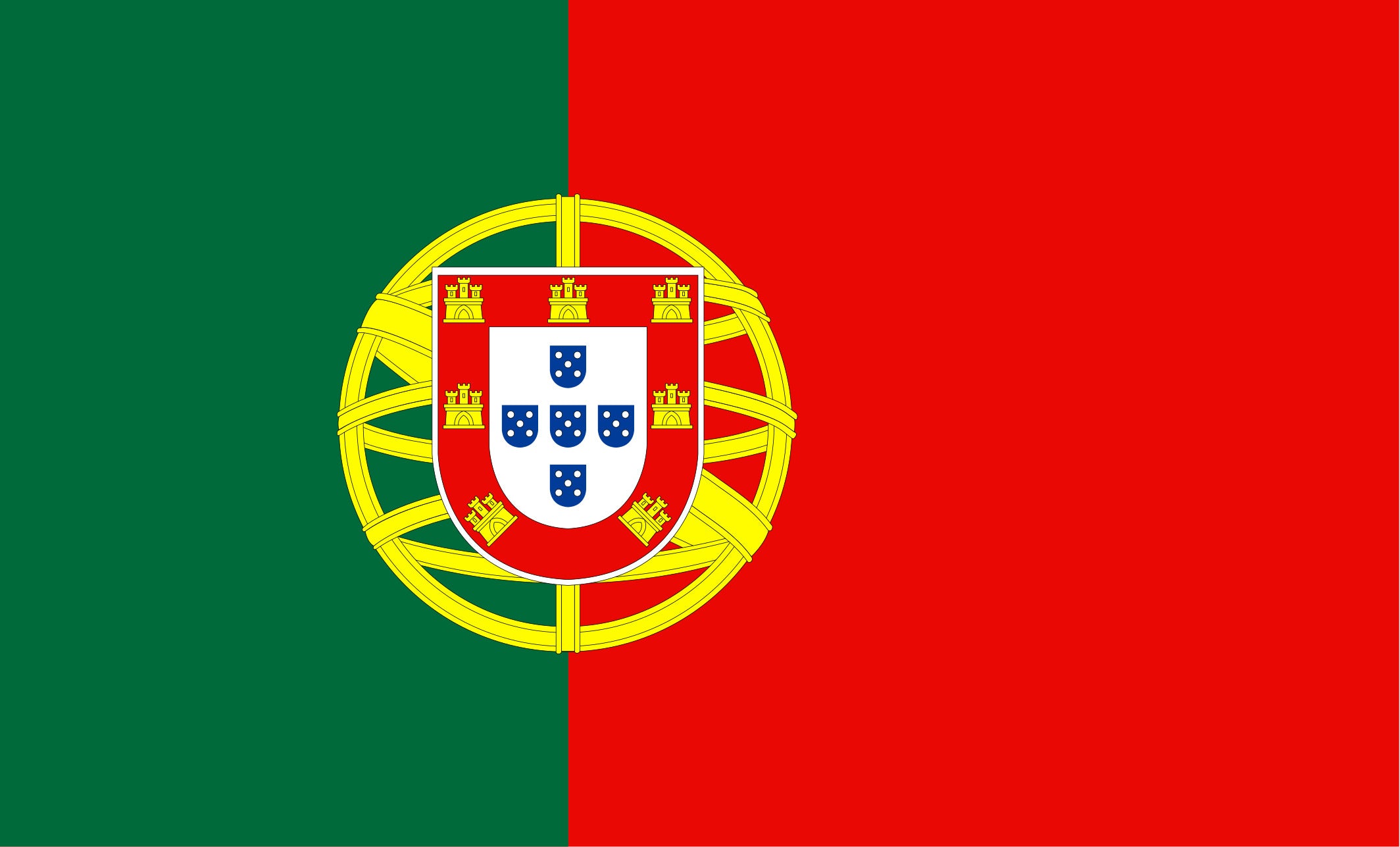 Flag of Portugal with green and red horizontal stripes and a central coat of arms.