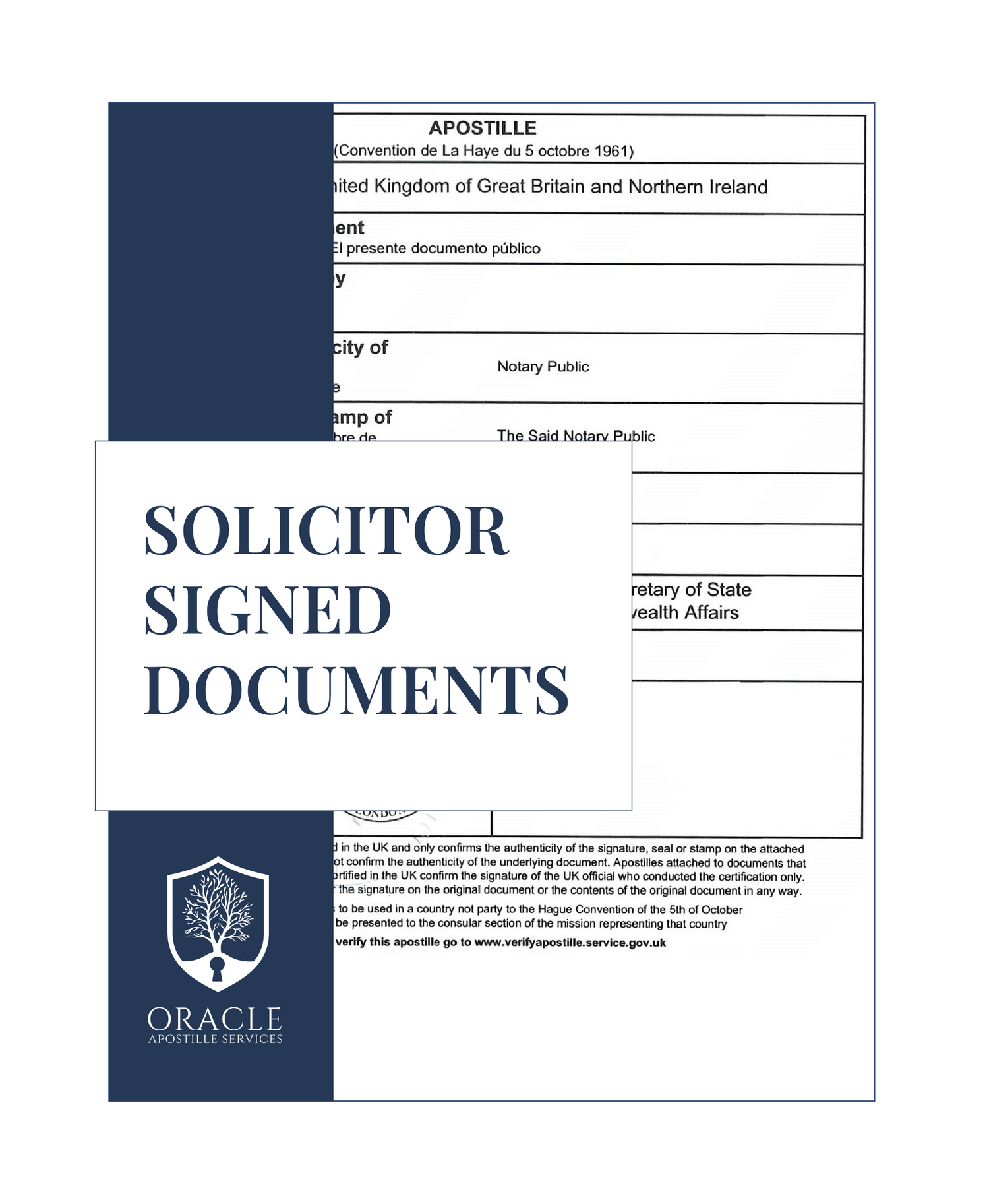 Solicitor signed documents with Oracle Apostille Services branding on a white background