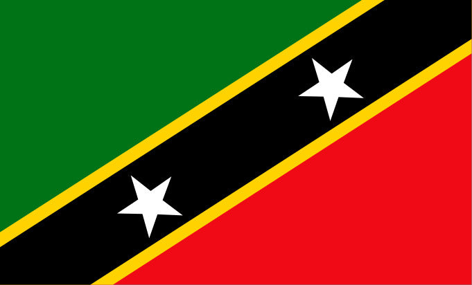 Flag of Saint Kitts and Nevis with green, black, red, and yellow stripes and white stars.