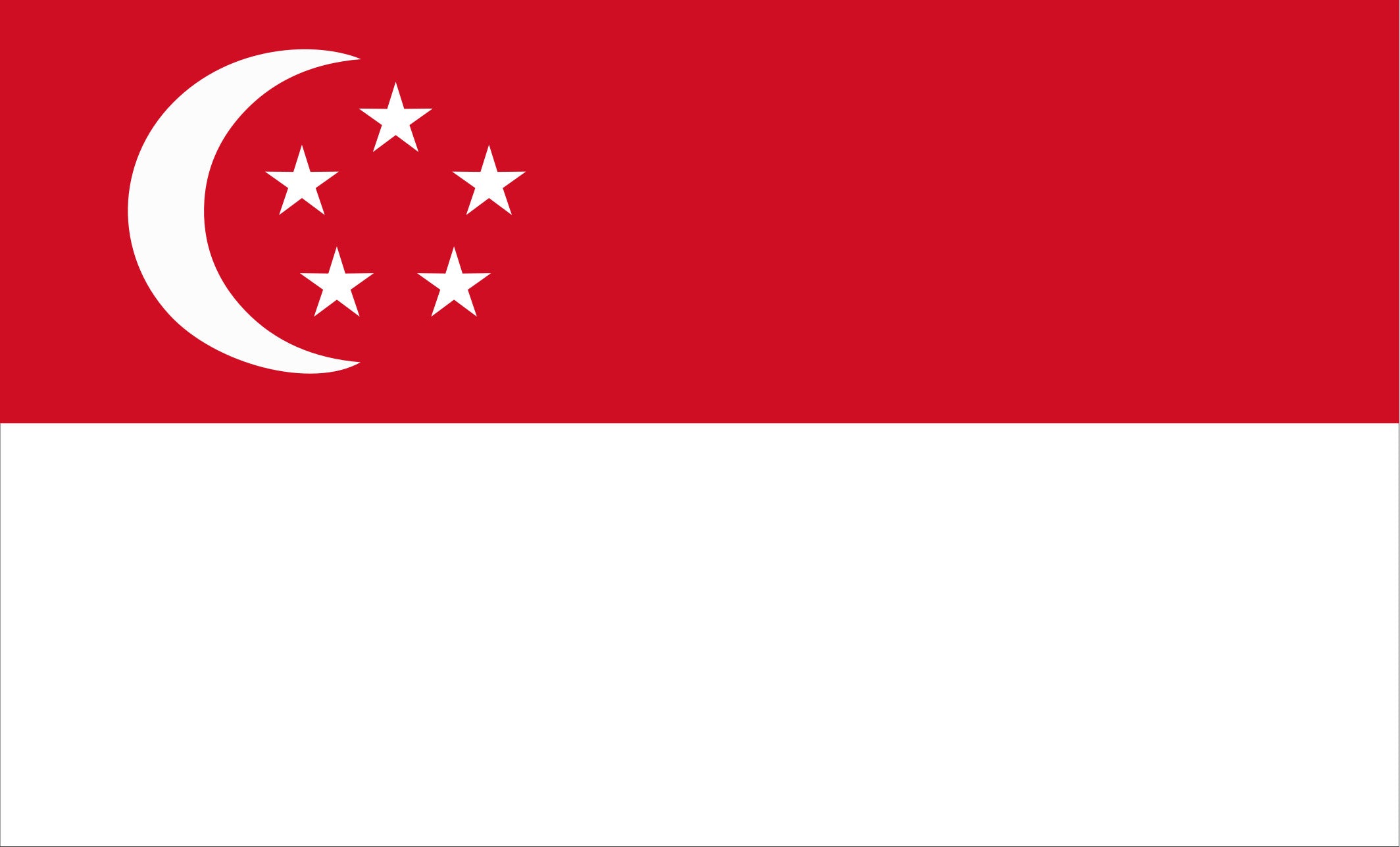 Flag of Singapore with red and white horizontal stripes and a white crescent moon and five stars.