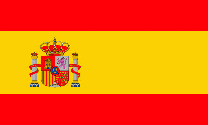 Flag of Spain with a red and yellow horizontal design featuring a coat of arms.