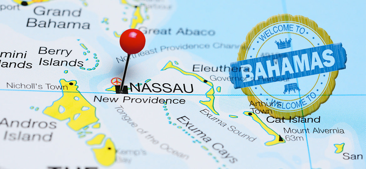 Map of the Bahamas with a red pin on Nassau and a 'Welcome to Bahamas' badge.