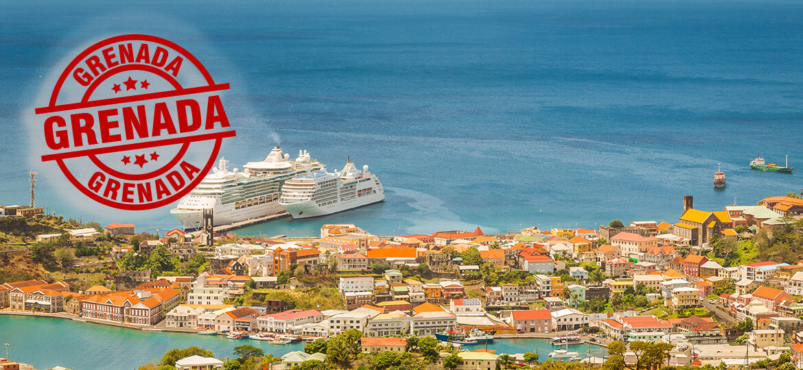 Cruise ship in front of a coastal town with 'Grenada' branding.
