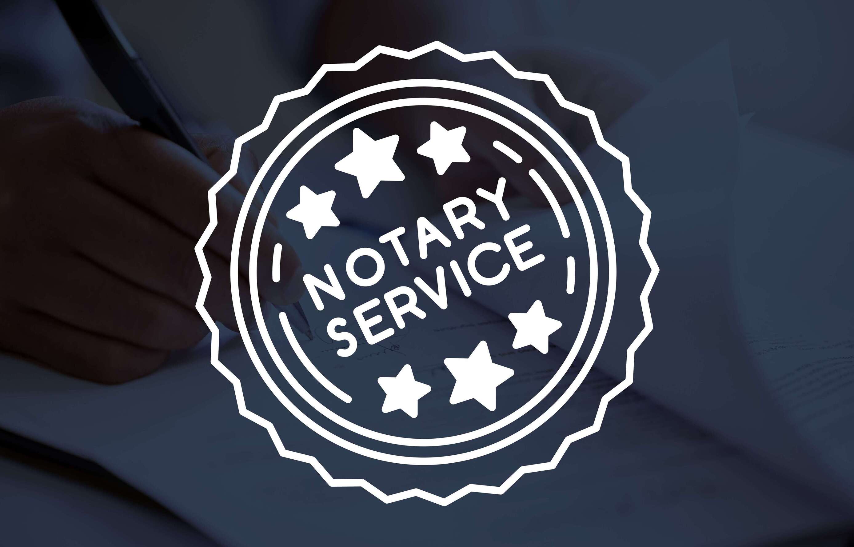 Notary service logo with a hand holding a document on a dark background