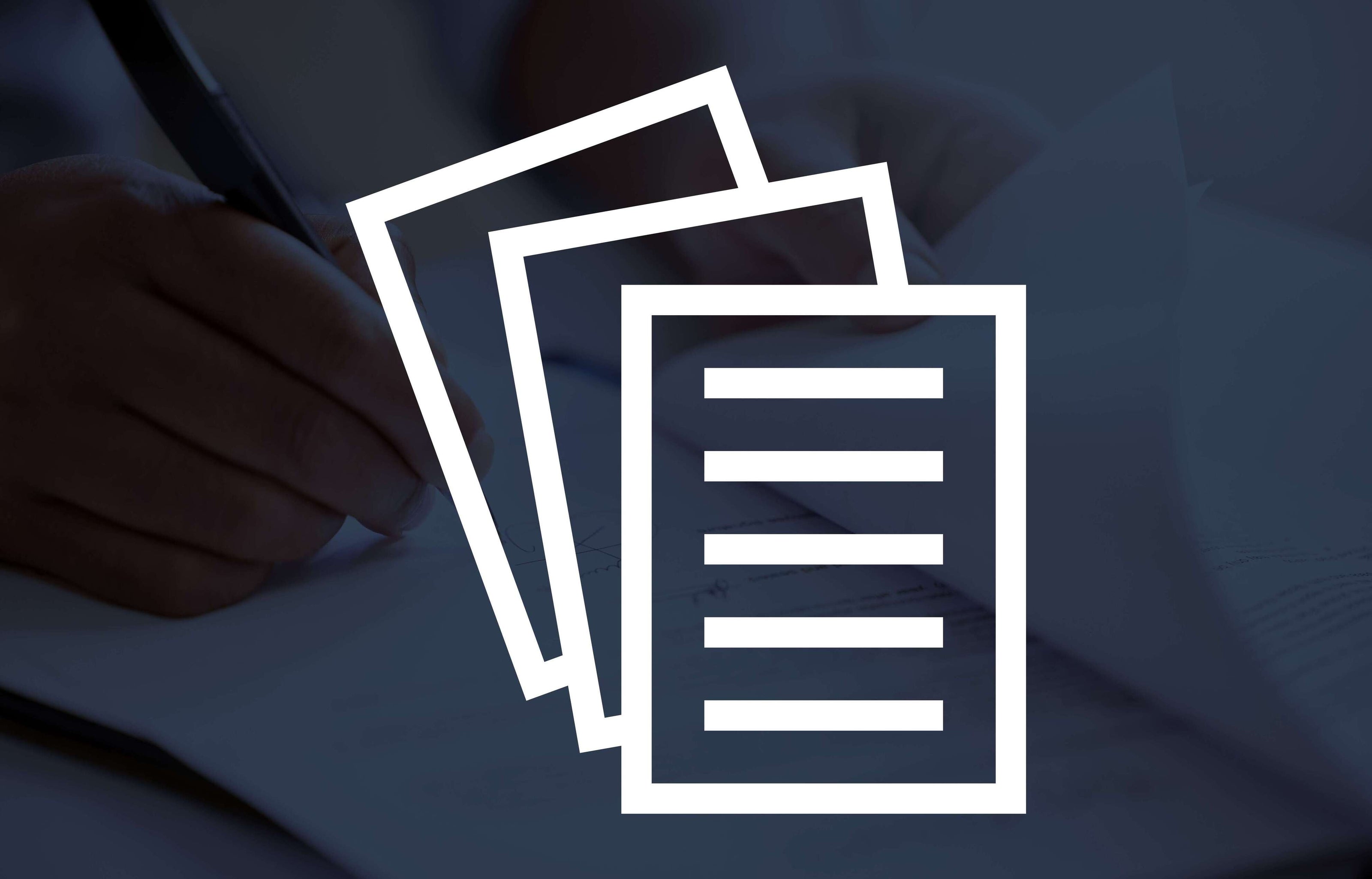 Illustration of a hand holding a pen with three sheets of paper on a dark background