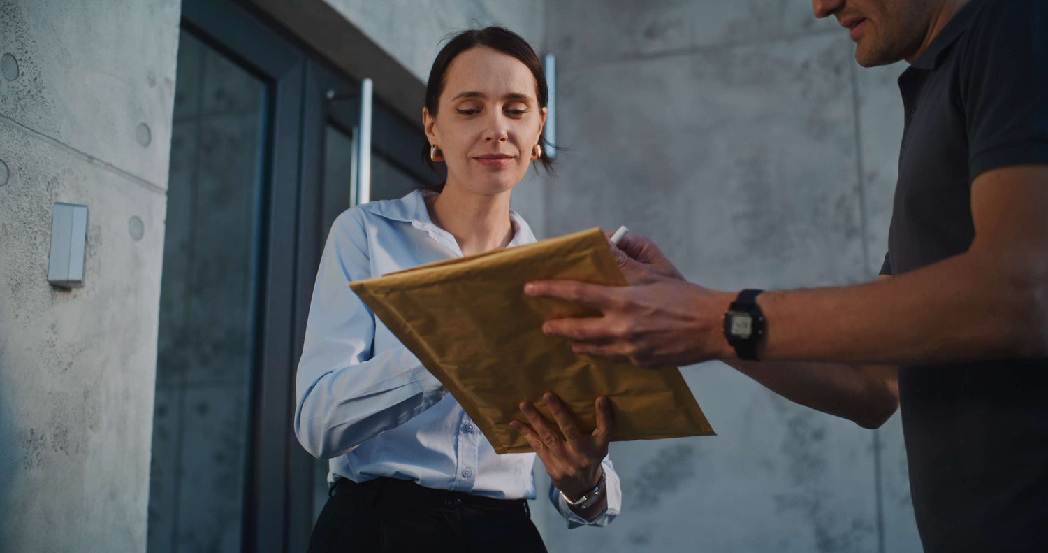 Two people interacting with a golden folder outdoors.